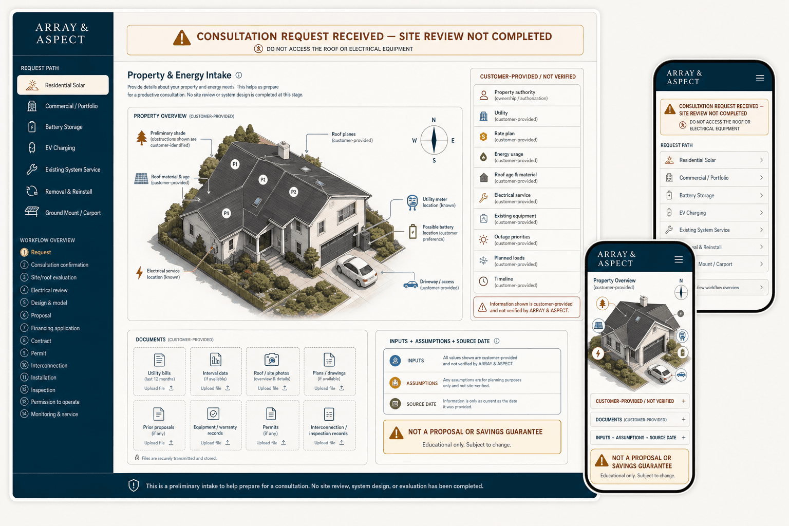 Array and Aspect fictional solar installer website concept with a preliminary roof and energy intake