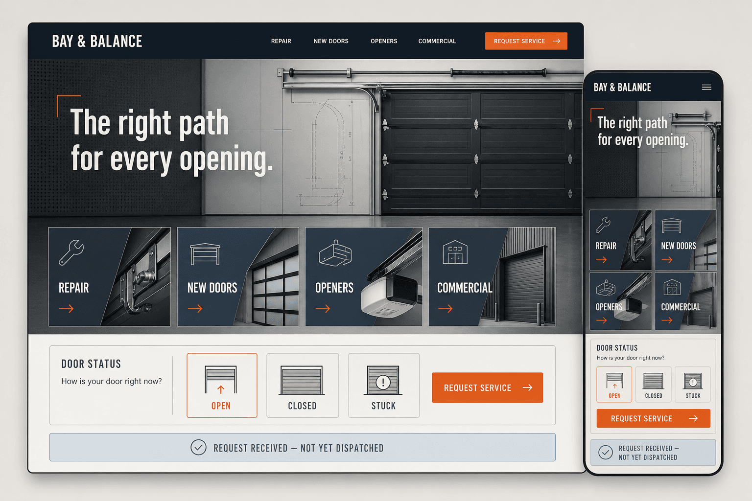 Bay and Balance fictional garage door website concept