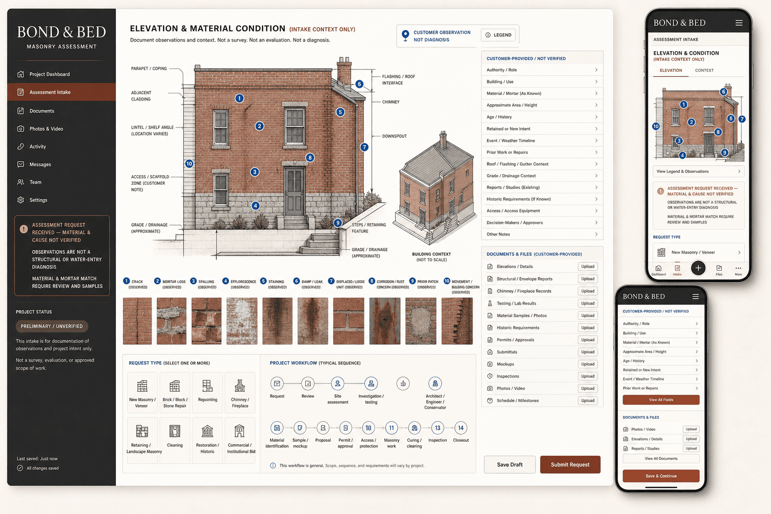 Bond and Bed fictional masonry contractor website concept with an elevation observation map