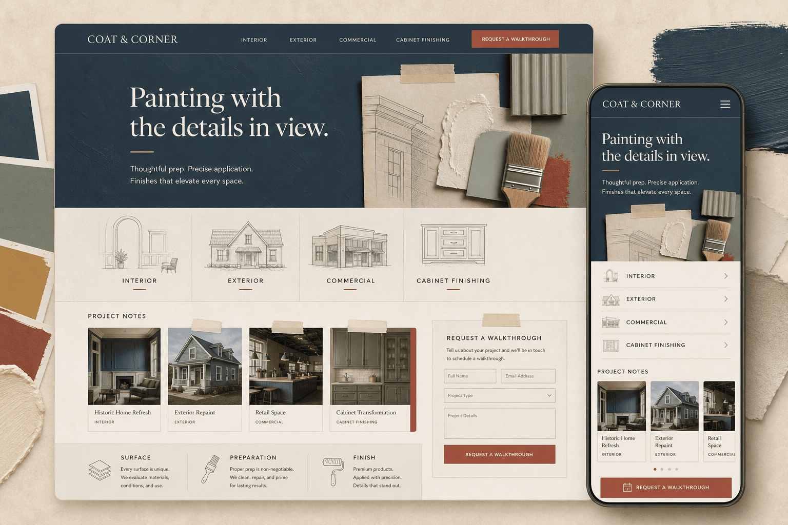 Coat and Corner fictional painting contractor website concept