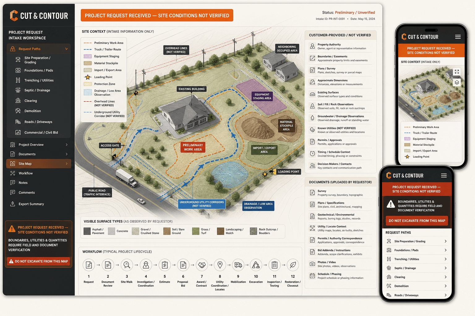 Cut and Contour fictional excavation contractor website concept with a preliminary site logistics map