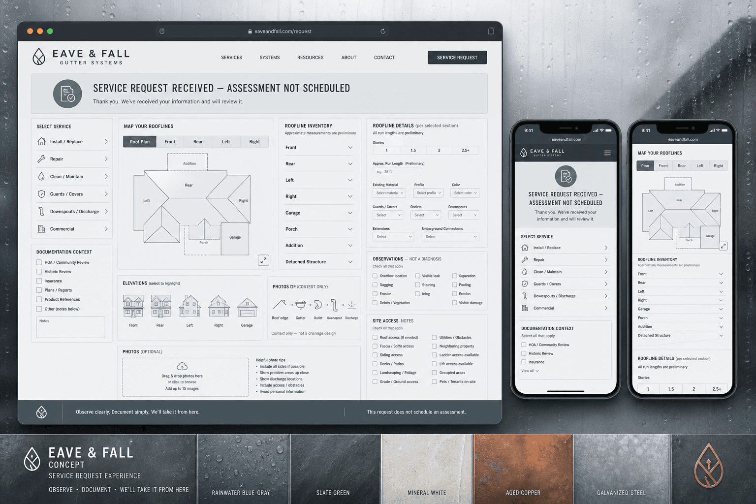 Eave and Fall fictional gutter company website concept