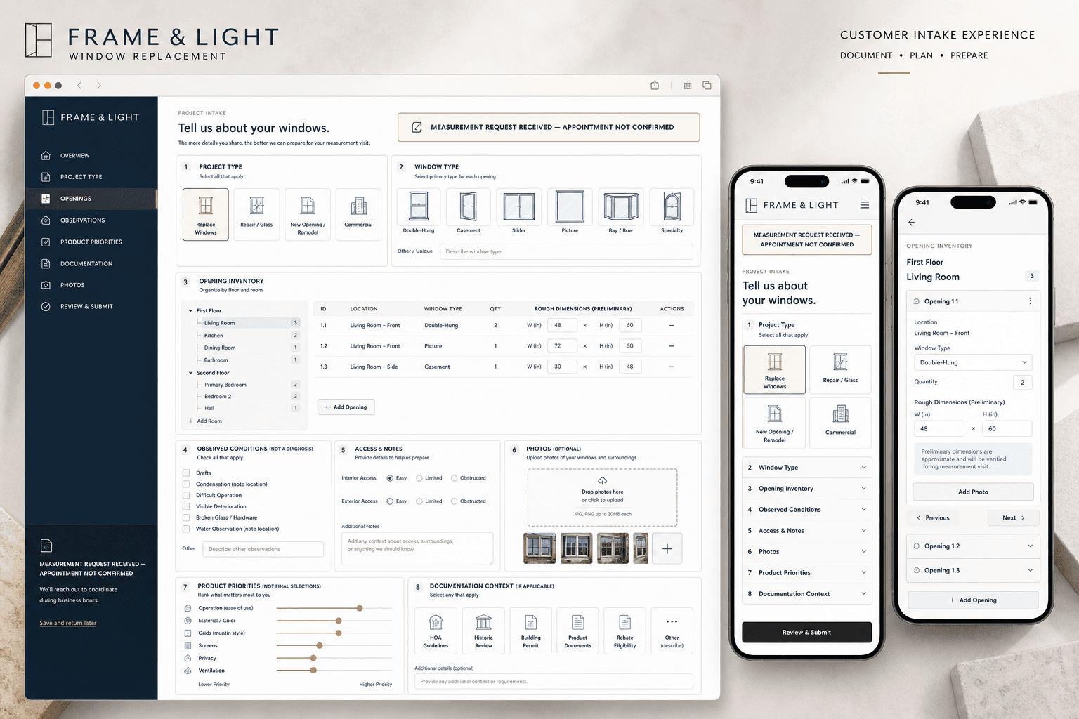 Frame and Light fictional window replacement website concept