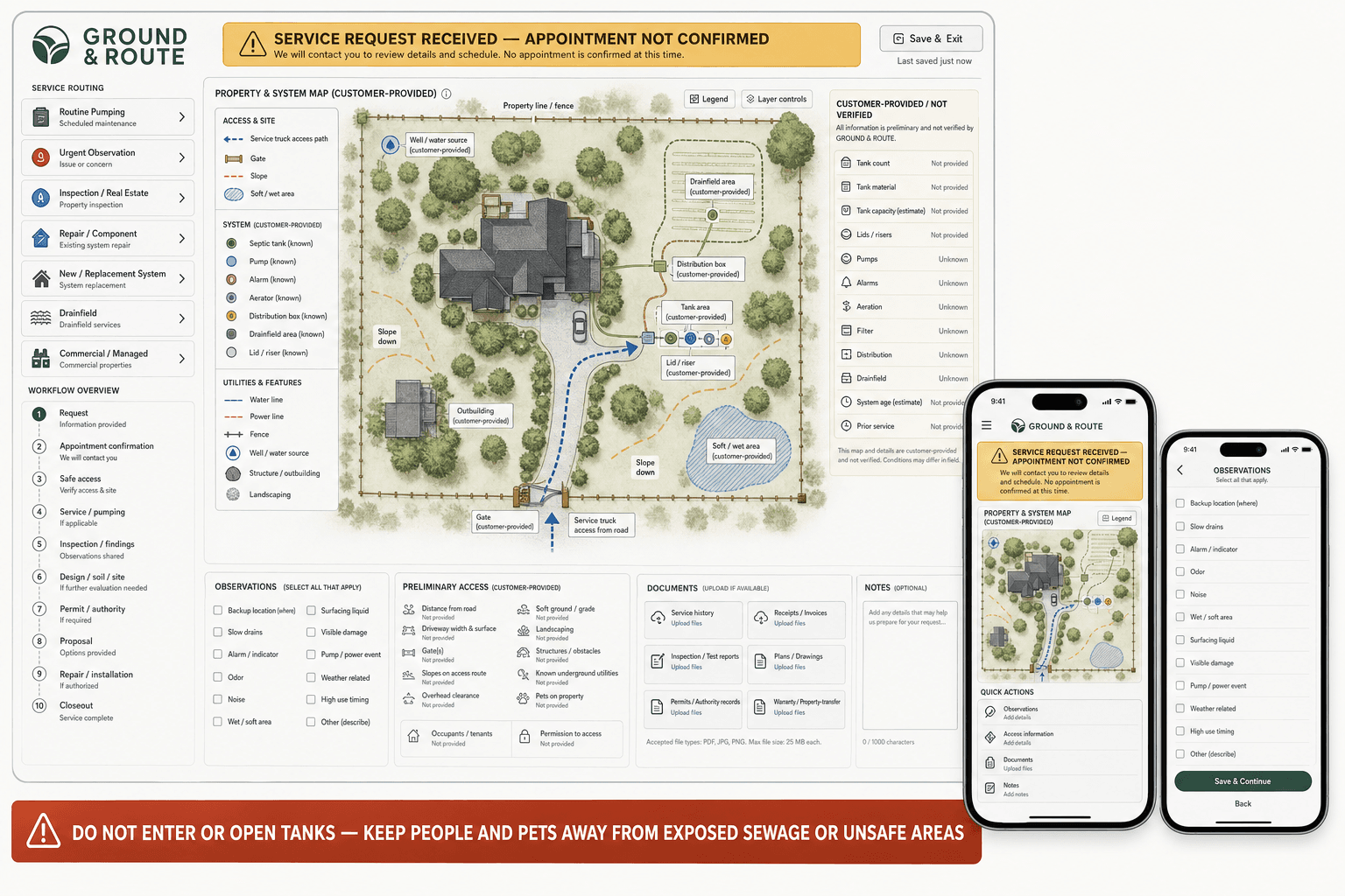 Ground and Route fictional septic service website concept with a preliminary property and system map