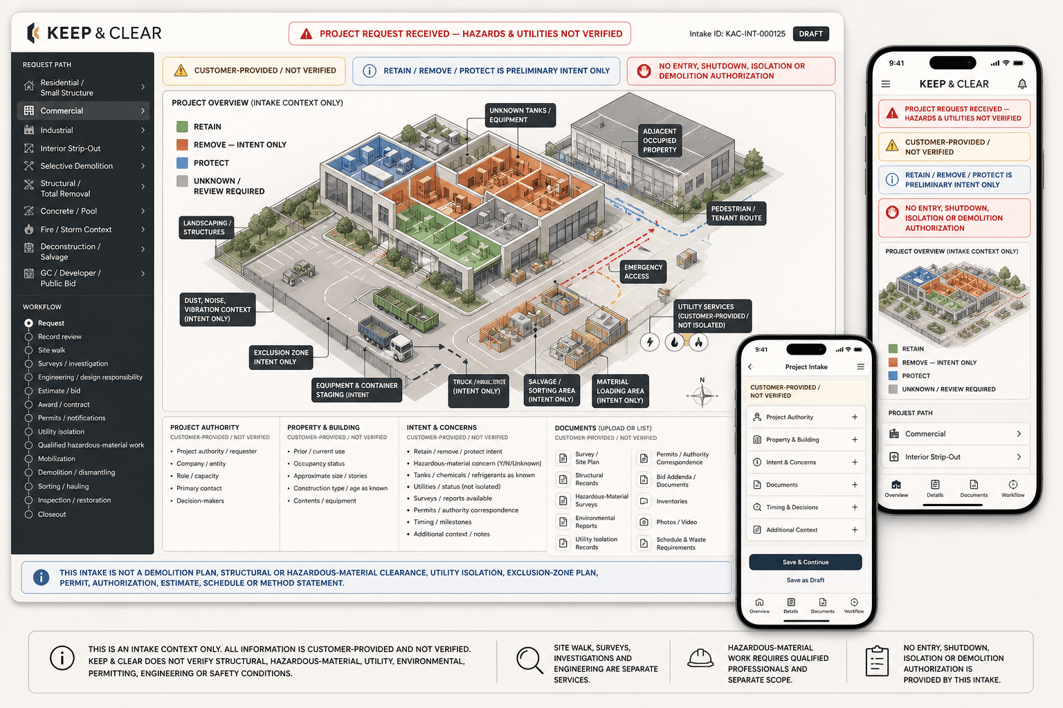 Keep and Clear fictional demolition contractor website concept with preliminary retain remove protect zones