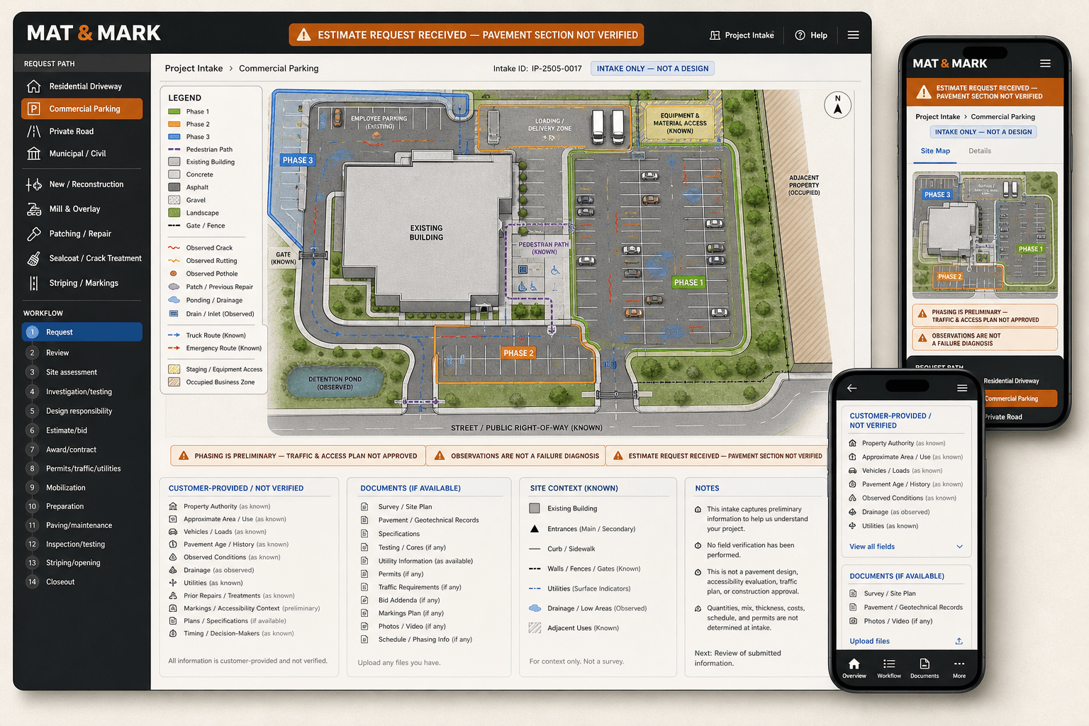 Mat and Mark fictional paving contractor website concept with a preliminary pavement and phasing map