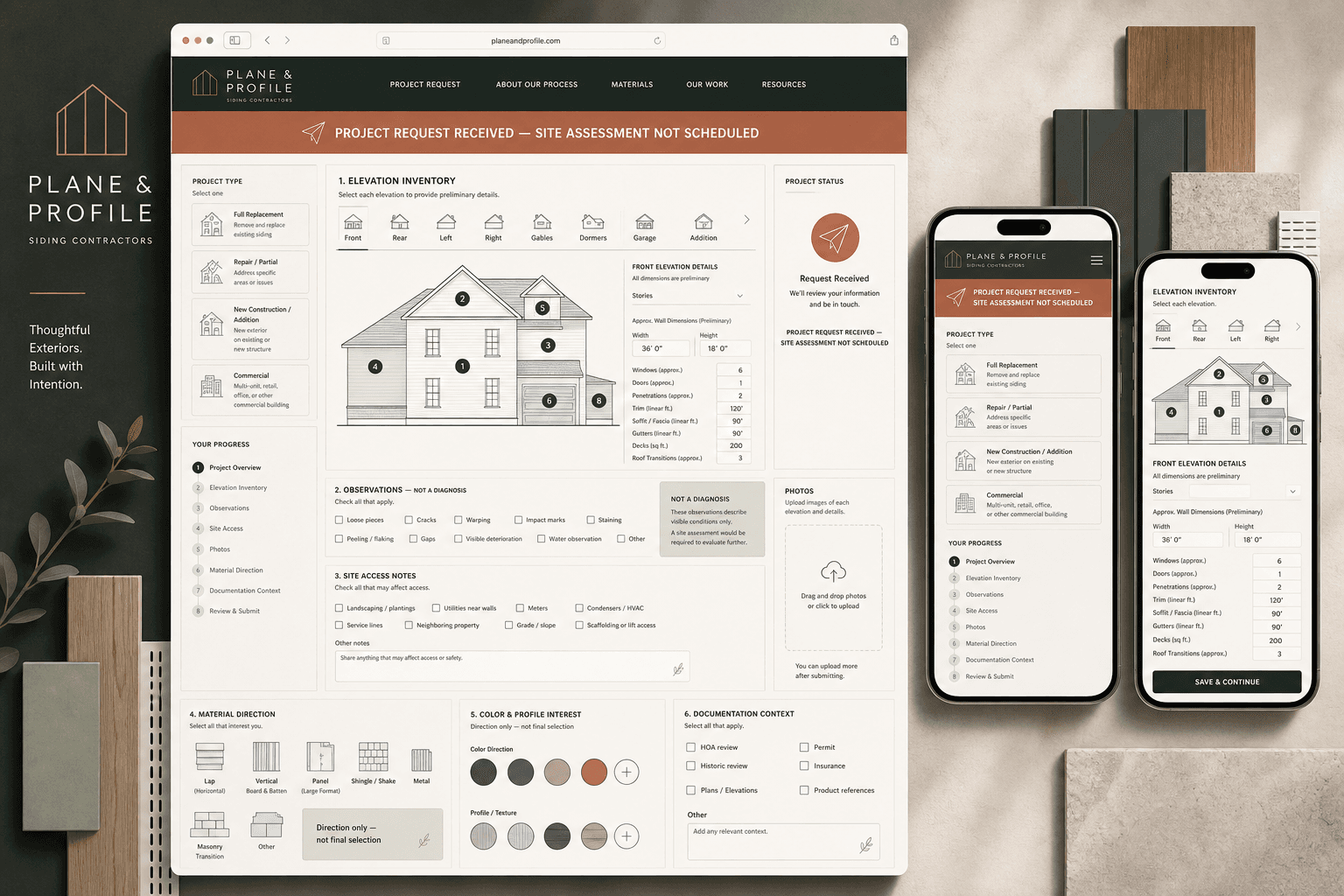 Plane and Profile fictional siding contractor website concept