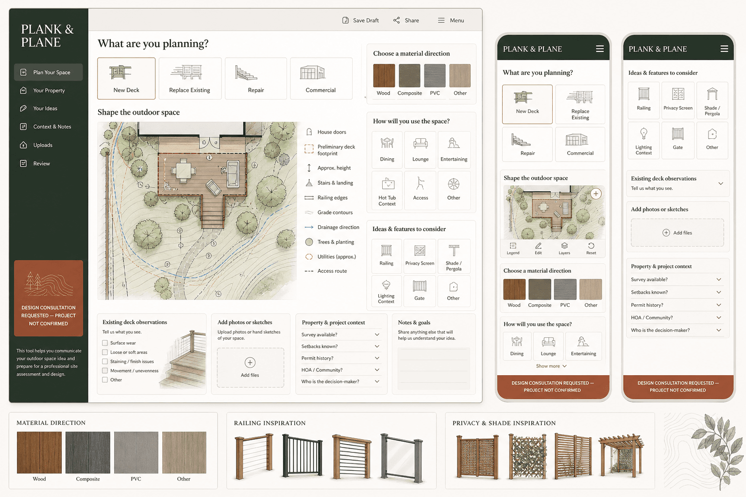Plank and Plane fictional deck builder website concept