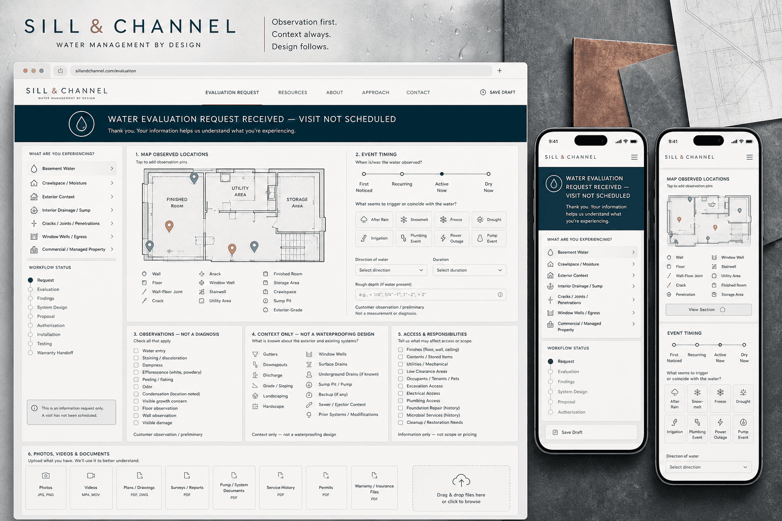 Sill and Channel fictional basement waterproofing website concept