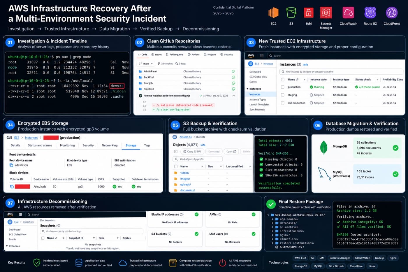 AWS infrastructure recovery: investigation, new EC2 setup, encrypted storage, verified backups and decommissioning