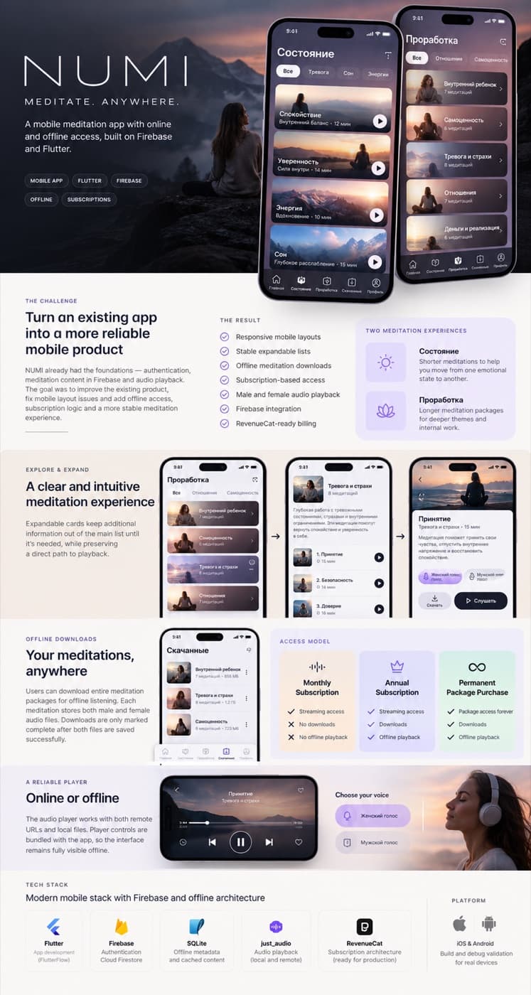 NUMI meditation app screens built with Flutter and Firebase