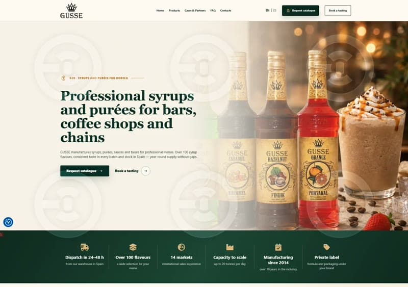GUSSE website home page with the syrups and purées product range