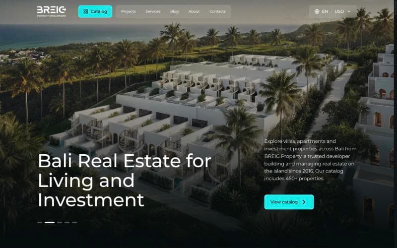 BREIG Property website home page with a Bali villa complex