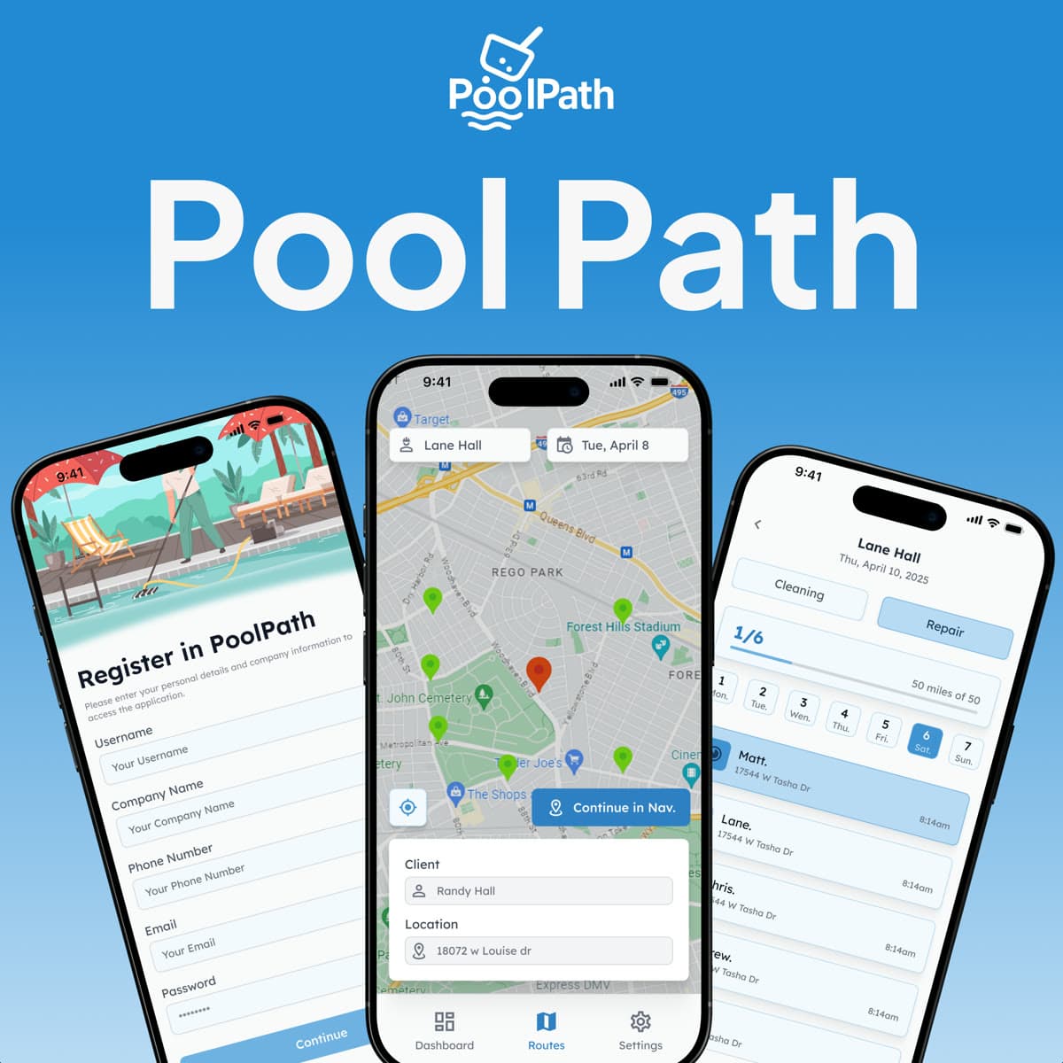 PoolPath: Registrierung, Routenkarte und Auftragsliste
