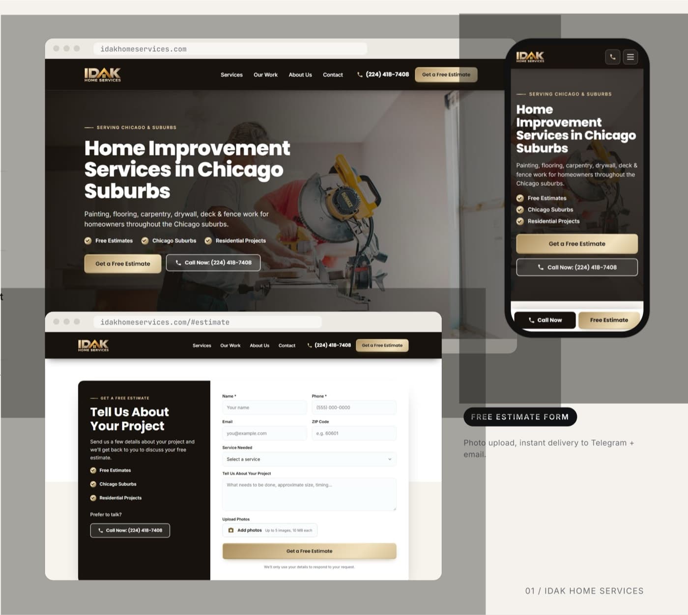 IDAK Home Services website on desktop and mobile with the free estimate form