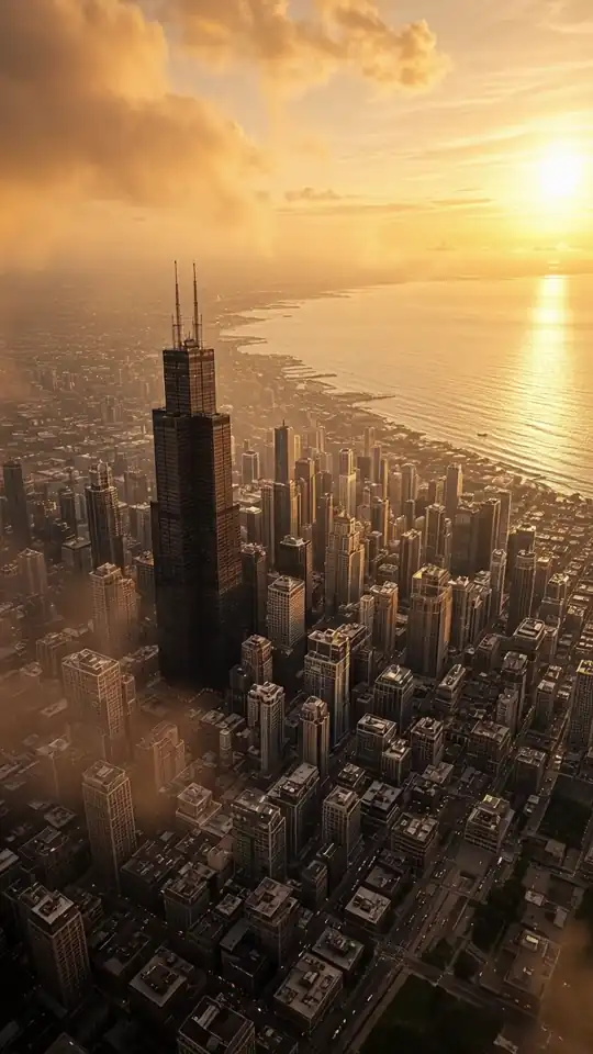 Chicago skyline from above the clouds at sunrise